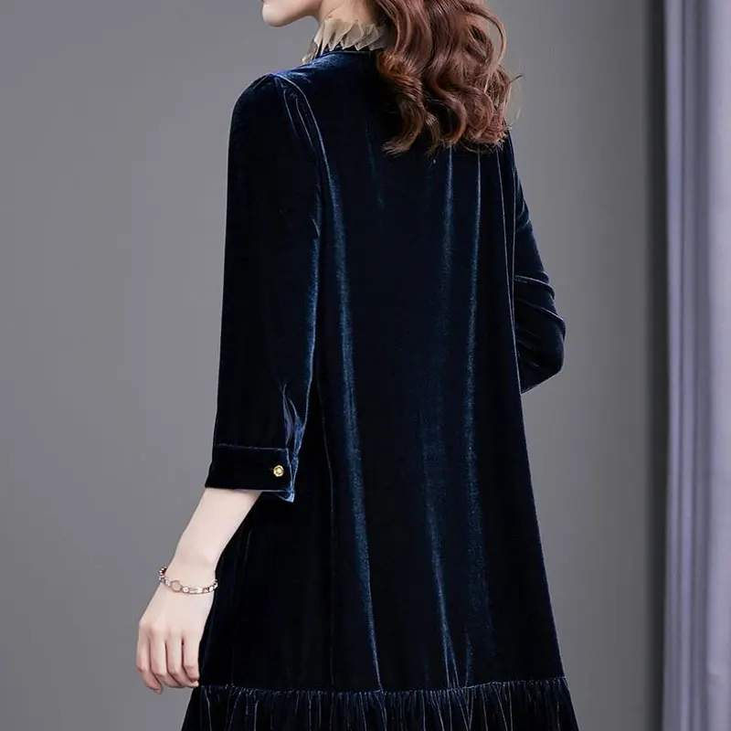 Female Clothing Sweet Ruffles Velvet Midi Dress Spliced Autumn Winter Solid Color Casual Round Neck Button Loose A-Line Dresses