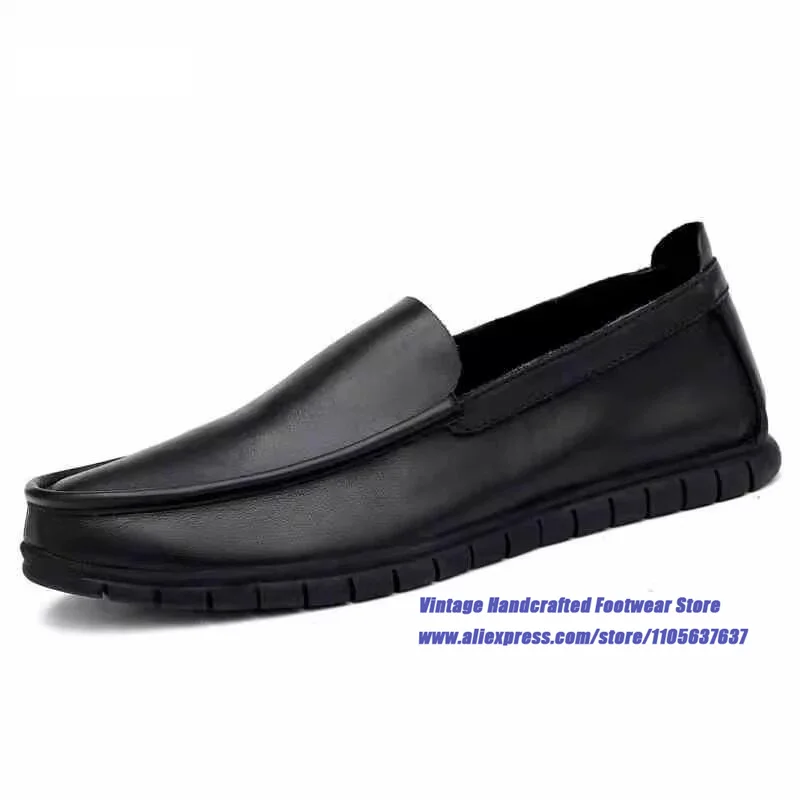 Men's Black Leather Slip On Loafers Soft Leather Soft Sole Dress Shoes Round Toe Casual Shoes ﻿Vintage Handcrafted Men's Shoes