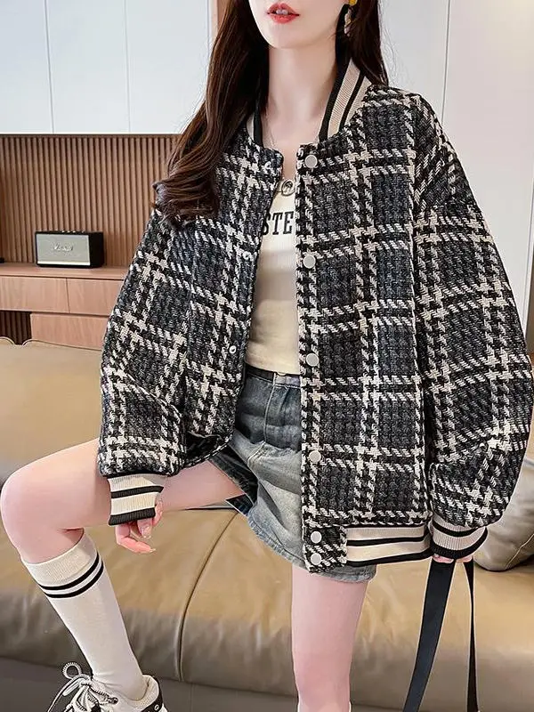 Jaet de béisbol a cuadros para mujer, ropa de abrigo a la moda para primavera, Otoño e Invierno, Top holgado con forro de Fce para estudiantes de secundaria