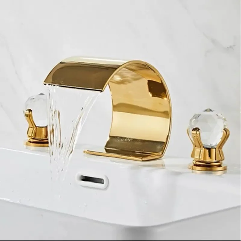 Hot and Cold Waterfall Basin Faucet All Copper Bathroom Sink Mixer Tap Three Hole Split Design for Hand Washing Basin Cabinet