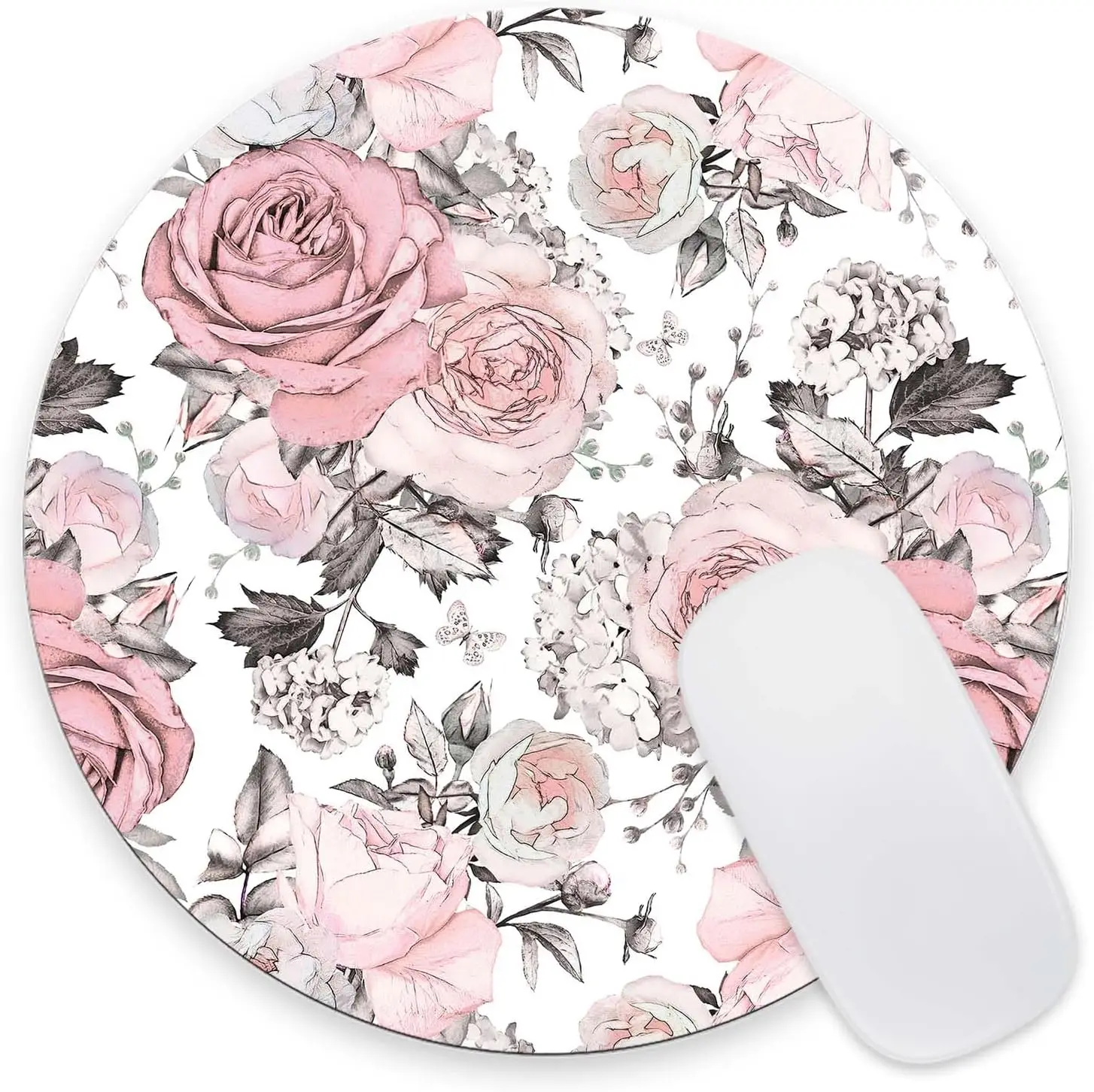 Mouse pad Round mouse pad 220mm pink flowers leaves customized premium textured washable non slip rubber base