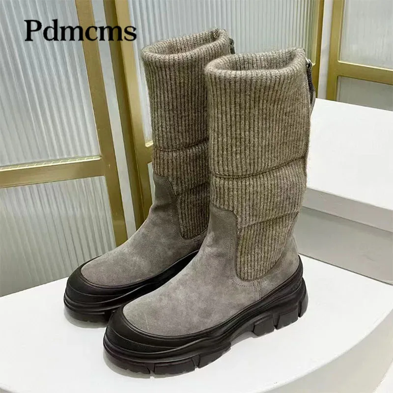 

Motorcycle Cow Suede Short Round Toe Thick Sole Mid-Calf Boots Female Flat Platform Sock Patchwork Knit Mid Calf Boots Woman