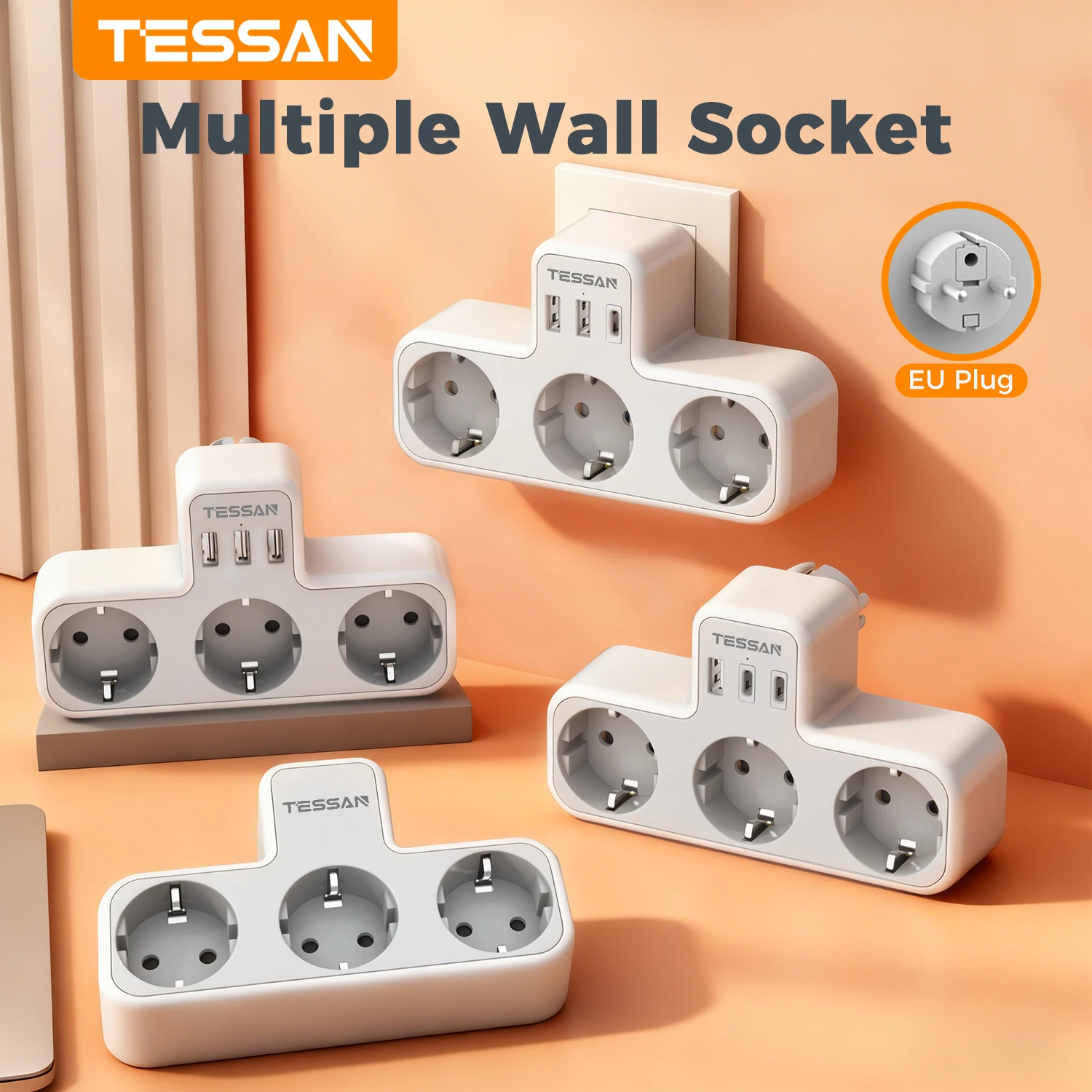 

Multiple EU Standard USB Socket Wall Socket 6-in-1 Plug Socket with 3 AC Outlets Adapter Wall Charger for Home Office