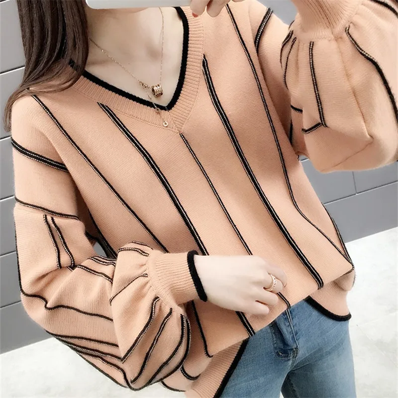 

Spring Autumn Stripe Knitted Sweater Women 4 Color Pullover Loose Casual V-Neck Lantern Sleeve Knit Tops Female Jumpers Ladies