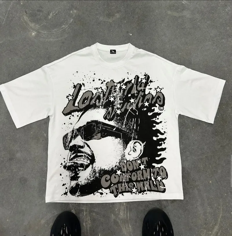 High Street casual summer Short sleeved oversized portrait alphabet Print T-shirt Men Y2k Goth Harajuku couple Loose shirt