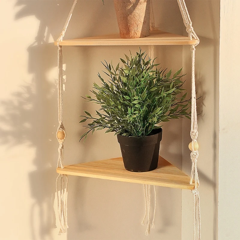 1 PCS Shelves With Wood Shelf Beige Handmade Shelf With Beautiful Macrame Rope And Shelf For Hanging Plant And Decor