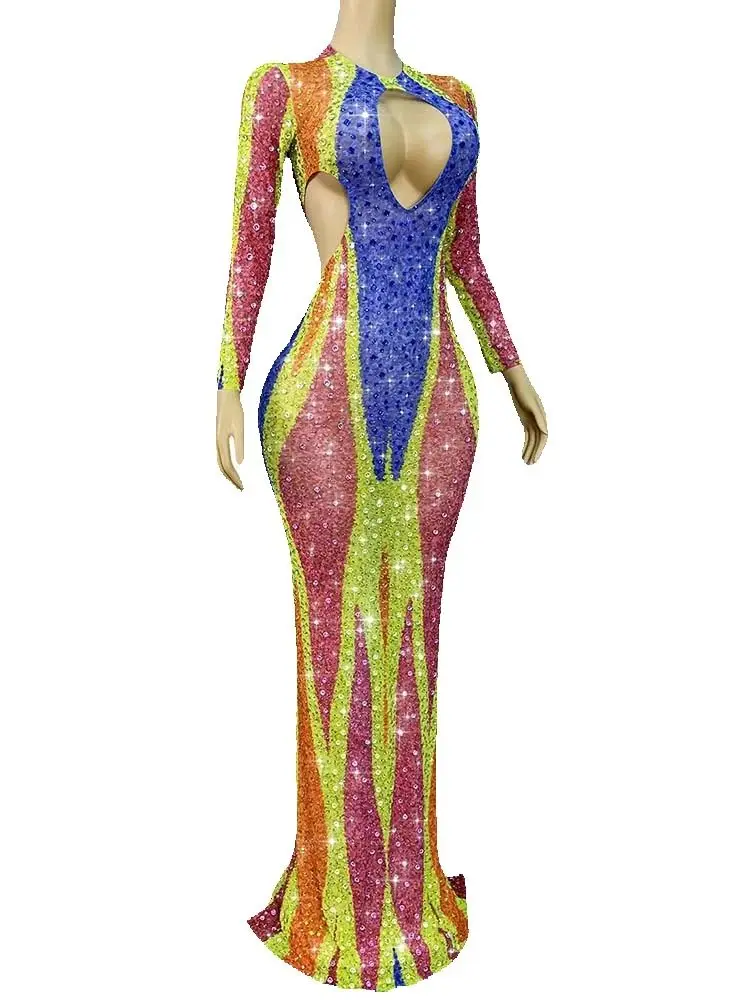 Vestido de malla bloqueado de Color elástico con abertura calada Sexy estampado en caliente de alta calidad 2025, nueva moda, ropa personalizada para mujer