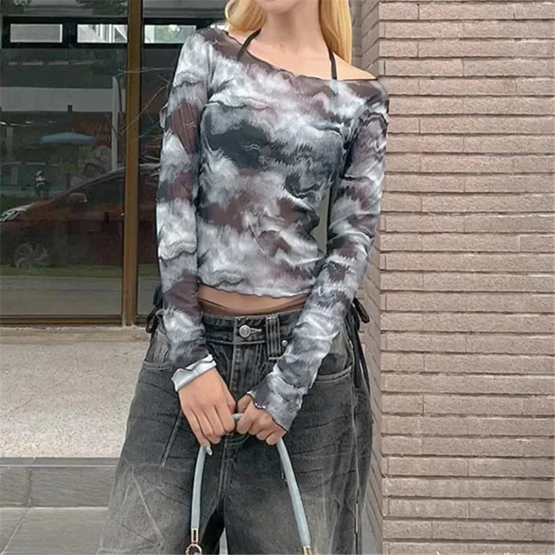 2024 New Retro Dark Cyber Techwear Print Long Sleeve Tops Y2K Grunge Mesh See Through Basic Pullovers Tops Women Gothic Crop Tee