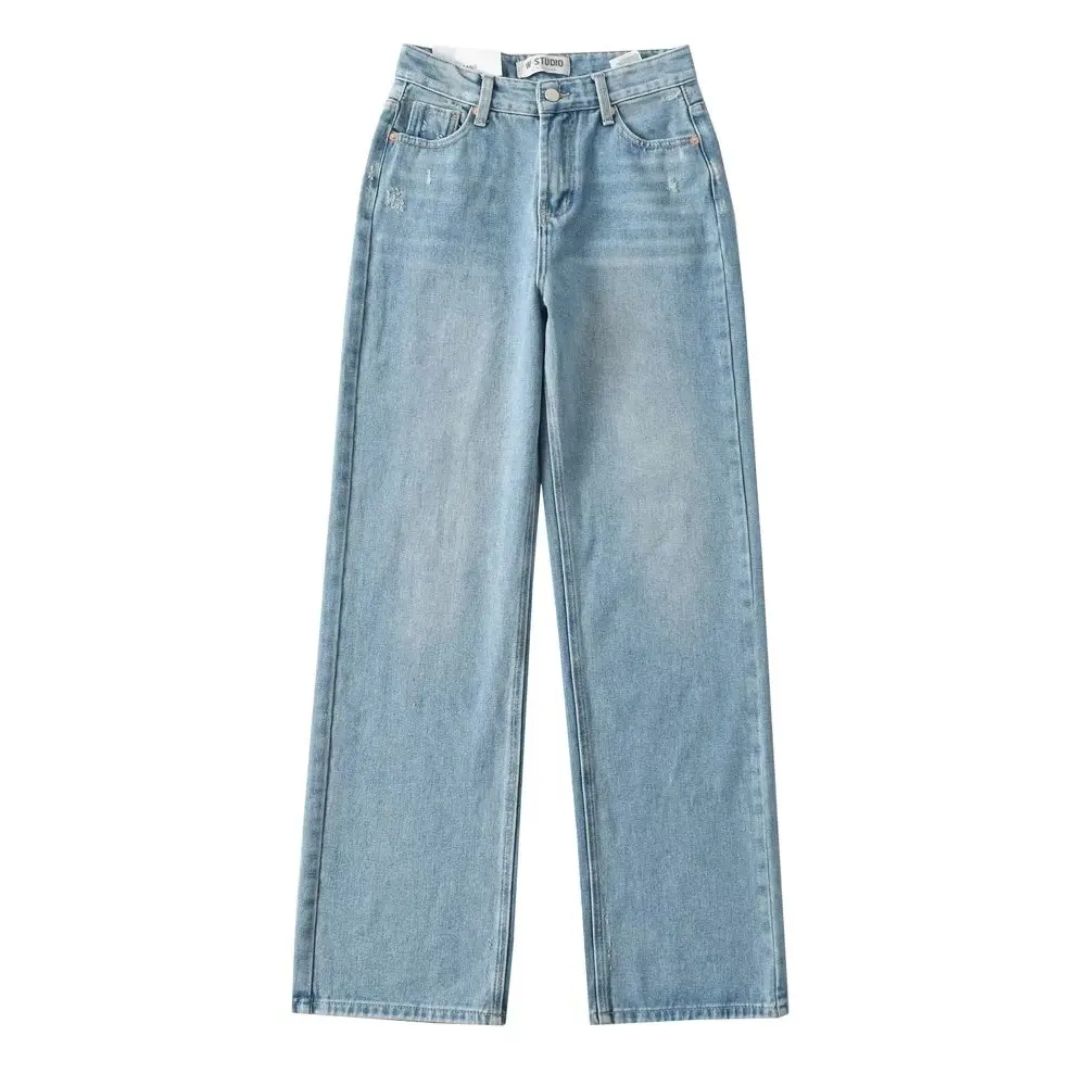 جينز نسائي عالي الخصر مستقيم الساق صيف 2023 تصميم سينسيشن متعدد الاستخدامات متوسط ​​الخصر وواسع الساق متوتر بطول الأرض سراويل...