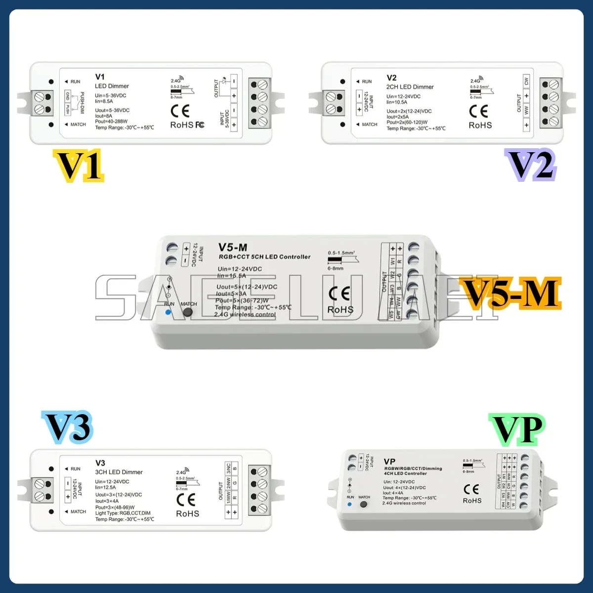V1 V2 V3 VP V5-M Skydance DC12-24V 1/2/3/4/5CH RGBW RGB+CCT RGB Controller 2.4G For Led Strip Light Single Color CCT LED Dimmer