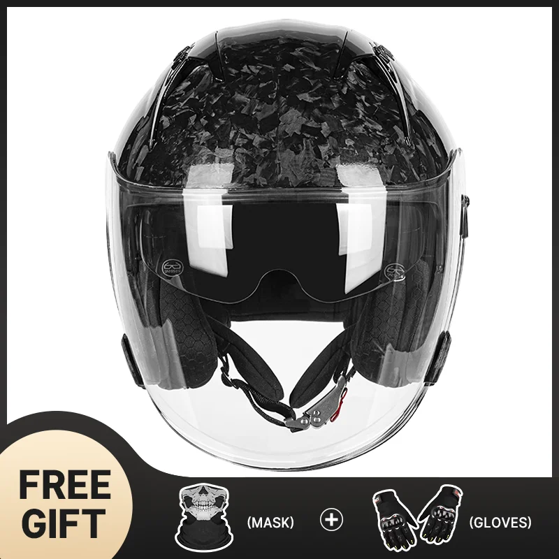 

Classic Retro Style Carbon Fiber 3/4 Helmet with Double Goggles for Scooter Moped Riders DOT Certified Safety All Seasons Unisex