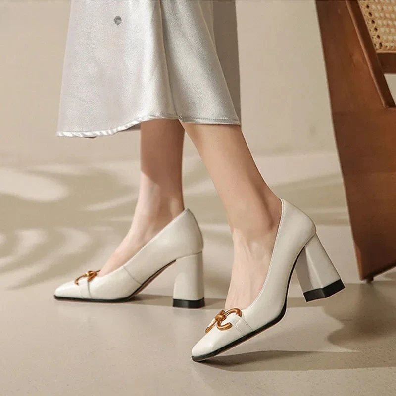 Spring Women Pumps Square Buckle Shallow Square Head Versatile Patent Leather Single Shoes Medium Thick Heels Retro Laides Shoes