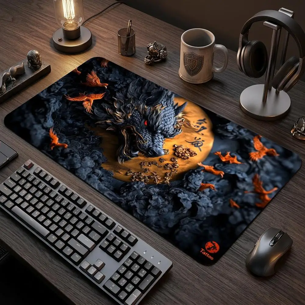 60X35cm Fantasy Black Dragon Play mat Stitched Edge Non-Slip Rubber Desk Pad Large Table Pad for TCG Gaming PC Mouse Pad