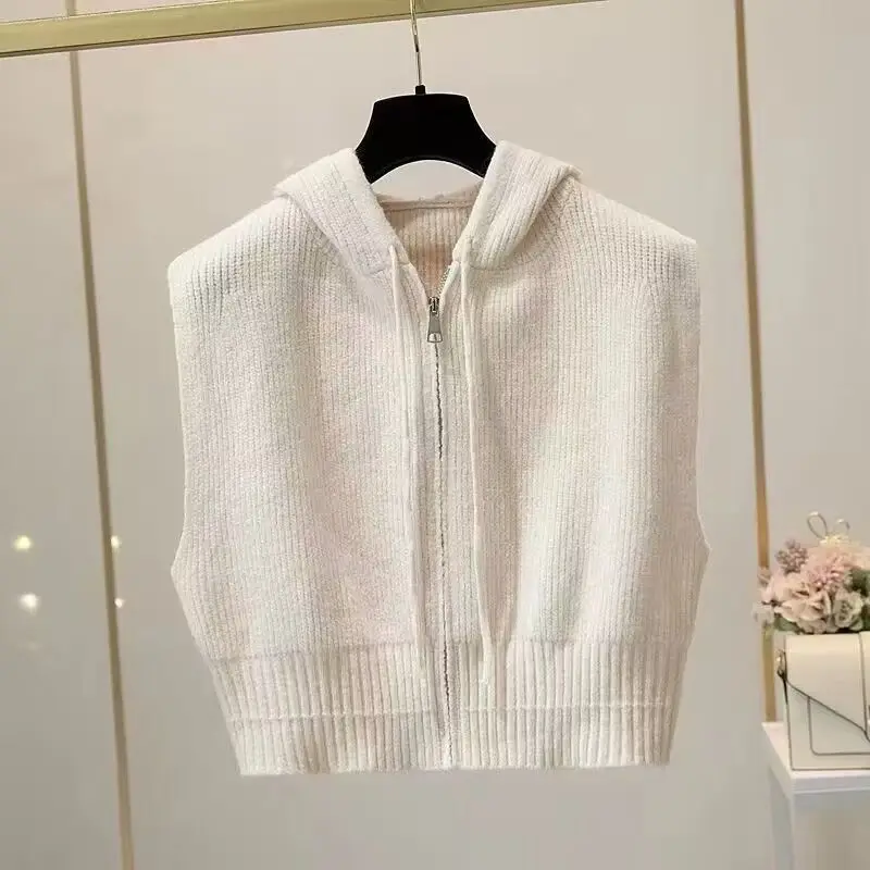 Women\'s Hooded Knitted Vests Draw String Retro Fashion Solid Female Autumn Sweaters Crops Minimalist Simple Sleeveless Zippers