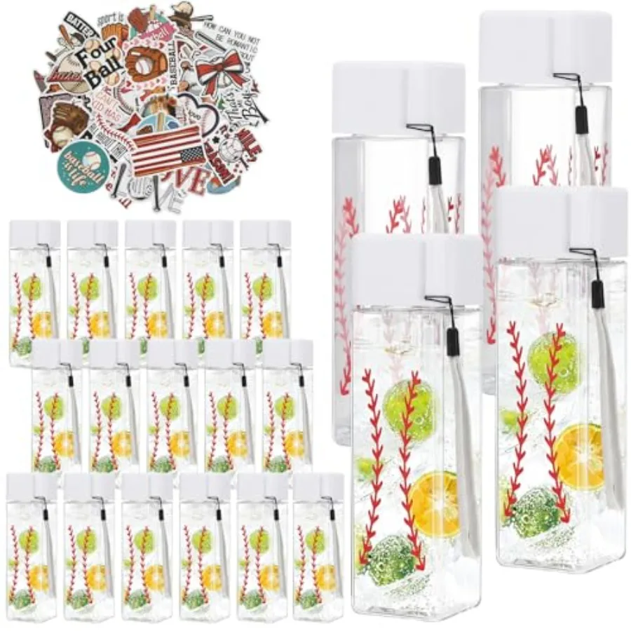 20 Pack 16oz Baseball Water Bottles Bulk with 50 Pcs Stickers Reusable Sports Water Bottle Baseball Party Favors Goodie Bags Su