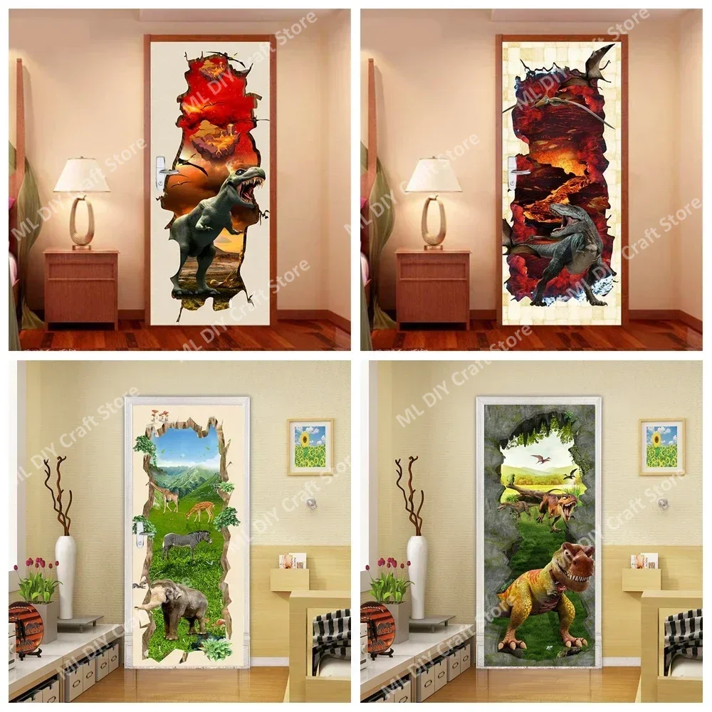 

PVC Cartoon Dinosaur Landscape Door Decal Sticker Realistic Peel Door Stick Wallpaper Children Living Room Decor Aesthetic