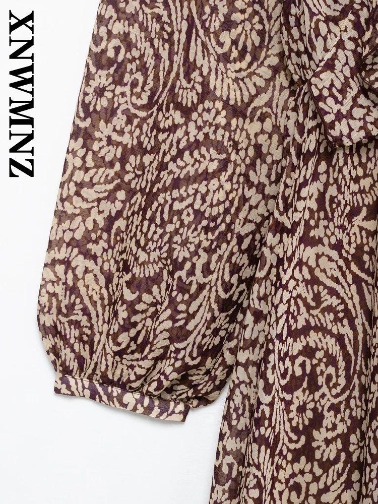 XNWMNZ 2025 Summer New Lady Elegant Long Sleeve Satin Dresses Dress Hipster Female Lace V-Collar Top Loose Fit Midi Skirt Print