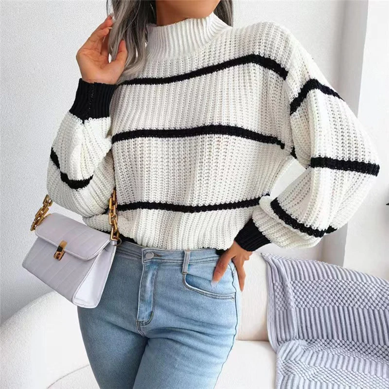 HELIAR Women Striped Knit Loose Sweaters Lantern Long Sleeve Mock Neck Warm Pullovers Casual Streetwear Sweaters Autumn Winter