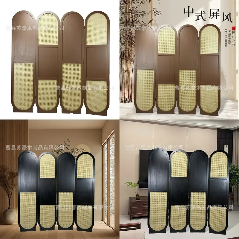 Solid Wood Rattan Folding Screen Movable Room Divider Decorative Partition for Living Room Home Floor Background Wall