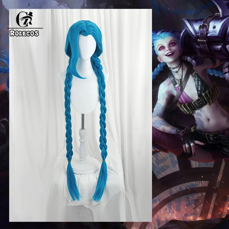

ROLECOS Game LOL The Loose Cannon Jinx Cosplay Wig 120cm Blue Color Women Wigs Heat Resistant Synthetic Hair
