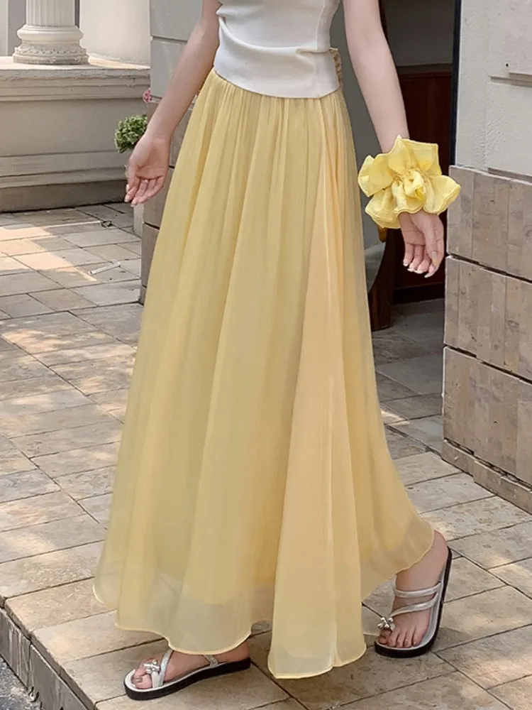 

Новая весенняя женская юбка с высокой талией, ультра-изящная, струящаяся, из шелка, корейский стиль, стройнящая, А-силуэт