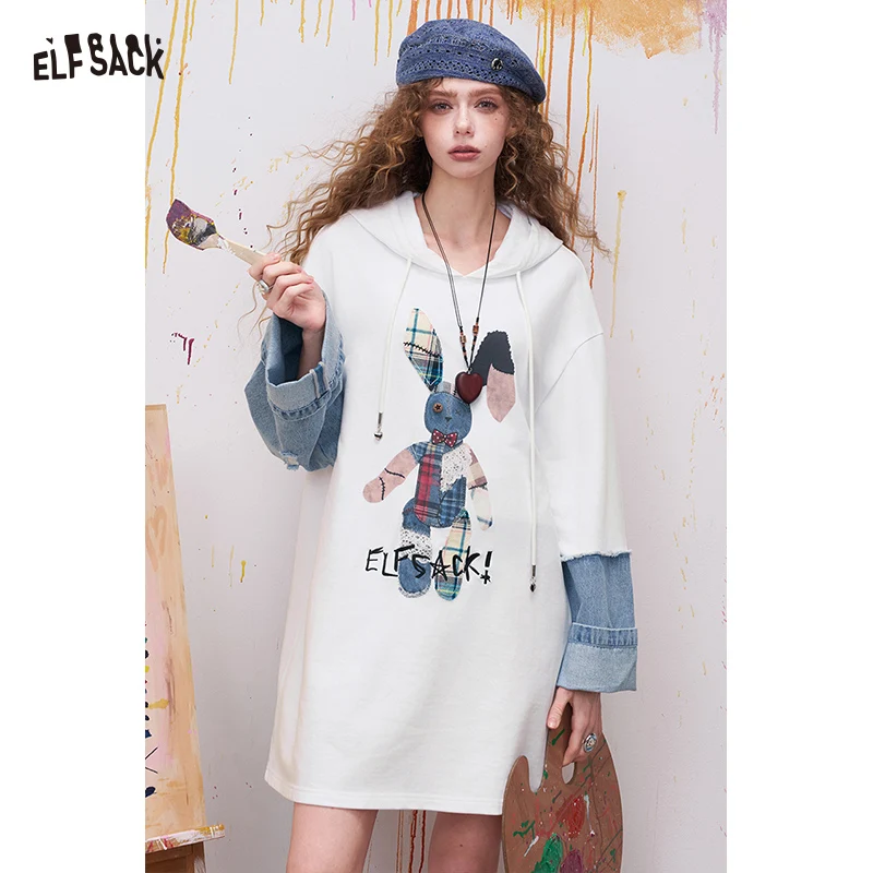 ELFSACK Cute Midi Dress with Bunny Patchwork and Asymmetrical Denim, Soft Relaxed Fit Summer Dress, Sweet Y2K Cool Girl Outfit