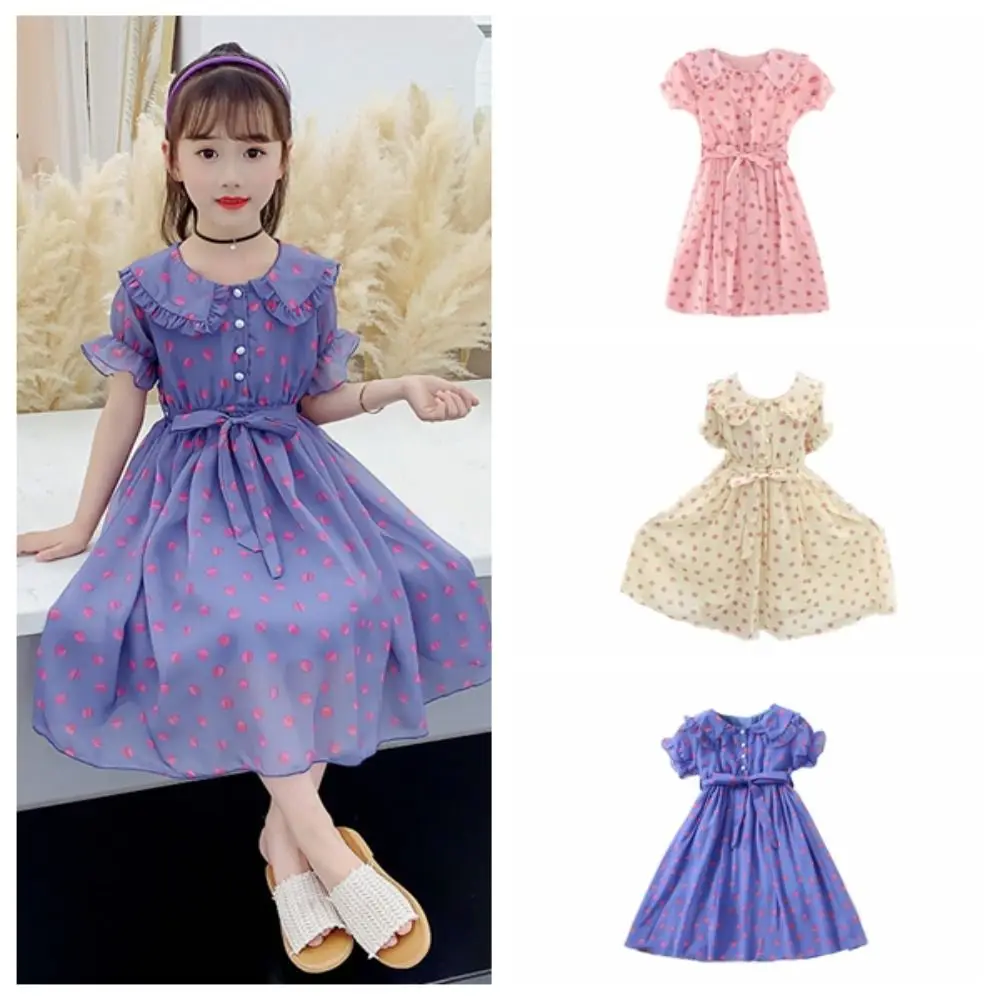 

Fashion Doll Collar Girls Princess Dress Teens Lace Up Summer Dot Dress Beach Vacation Sweet Children Dress Summer