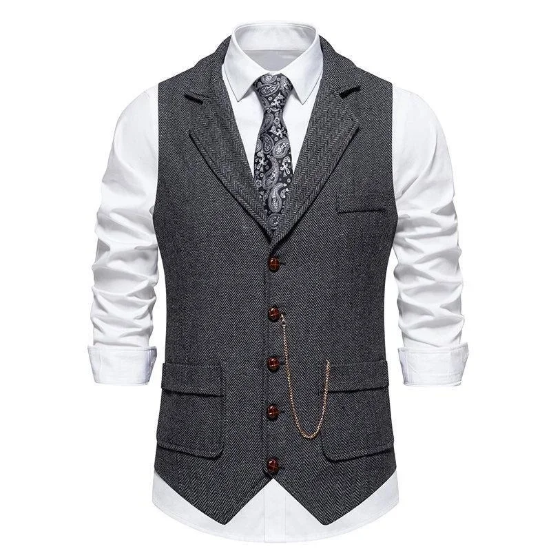 Men\'s Retro Lapel Chain Vest Fashion Herringbone Coarse Tweed Pockets Suit Vest Casual Business Waistcoat Leisure ropa hombre