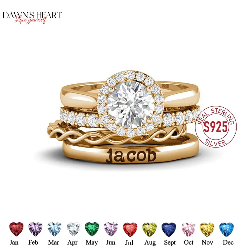 

925 Sterling Silver Custom Round Birthstones Ring stacking for Woman Personalized Family Wedding Promise Jewelry Gift for Her