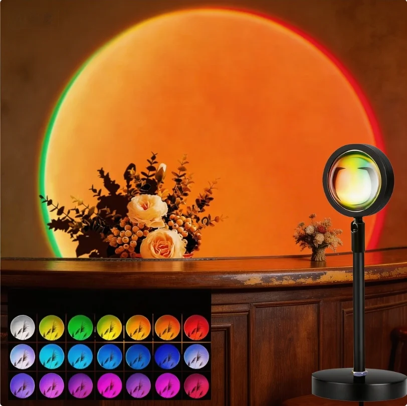 

Проектор RGB-лампы «Закат», настольная светодиодная лампа с пультом ДУ, 16 цветов, 360° ° Вращающийся ночник, подарки для декора комнаты