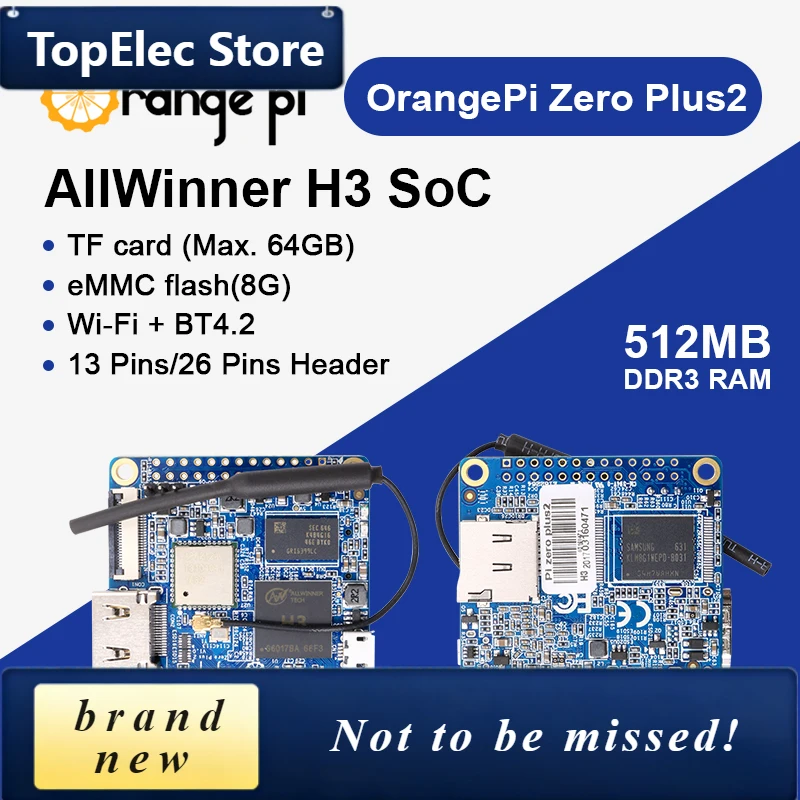 TopElec Orange Pi Zero Plus 2 Single Board Computer 512M RAM Allwinner H3 Wifi Bluetooth Run Android 4.4 Ubuntu Debian Developme