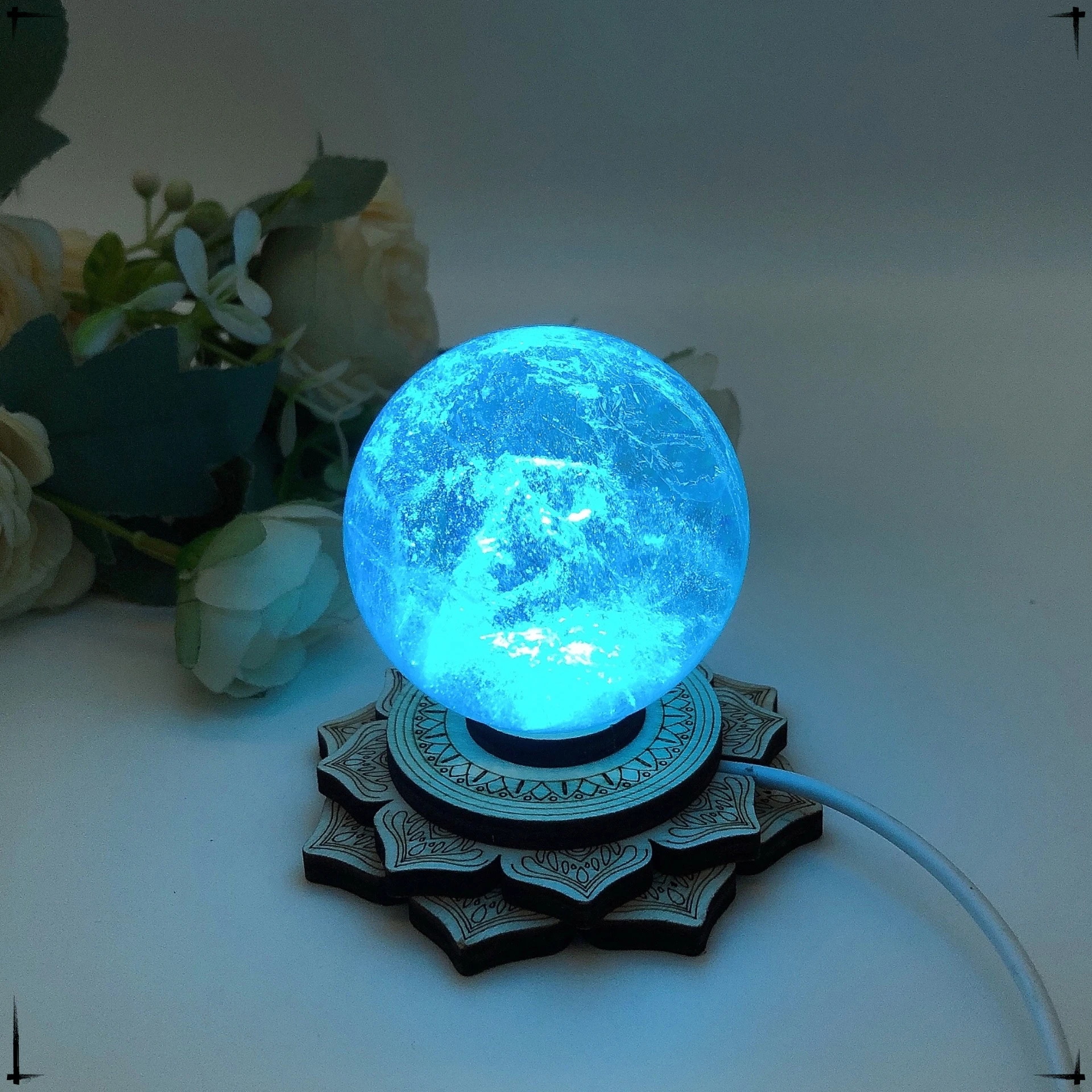 LED 3D Night Light Lotus Tower Shape Wooden Bracket Crystal Sphere Stand Crystal Ball Base Sphere Holder Ornaments Home Decor