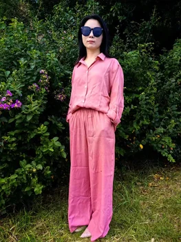 المرأة الكتان قميص غير رسمي 2 قطعة مجموعة موضة التلبيب كم طويل زر بلوزة وبنطلون وتتسابق فضفاض بنطال ذو قصة أرجل واسعة الدعاوى