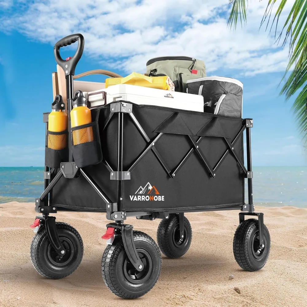 

Big Rubber Wheels Beach Wagon Cart Foldable, 9x3 All-Terrain Wheels, Heavy Duty Collapsible Utility Wagon with 330lbs Capacity,