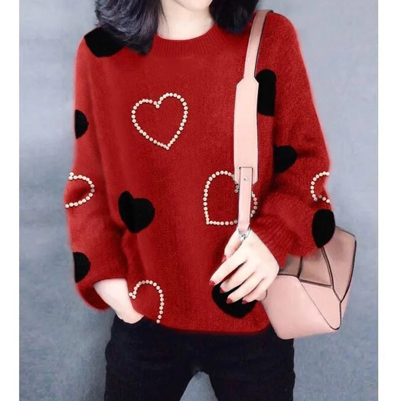 Elegant Fashion Love Printed Round Neck Sweaters Korean All-match Beading Spliced Knitted Tops Autumn Winter Women\'s Clothing