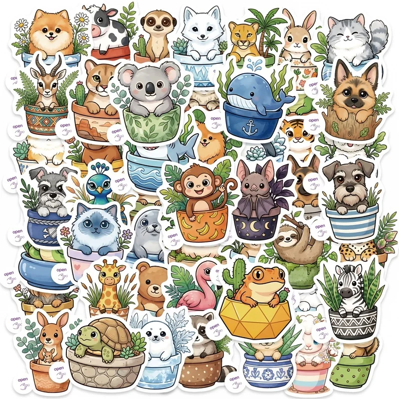 

56PCS Cartoon Potted Animals PVC Sticky Sticker Aesthetic DIY Decoration Phone Laptop Luggage Skateboard Graffiti Decals