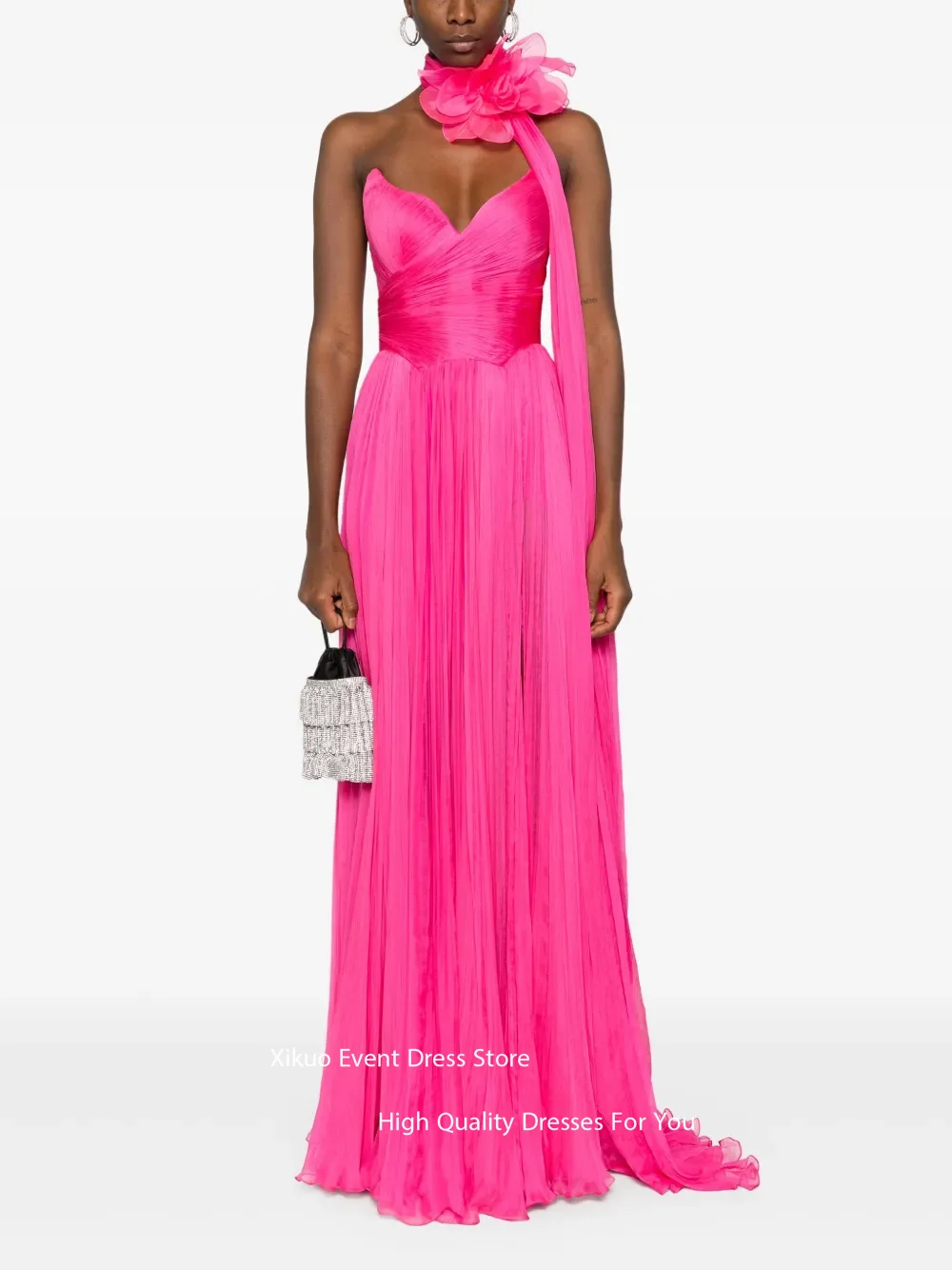 Gaun Malam Chiffon Merah Muda Xikuo dengan Kerah Floral Sweetheart Vestidos De Fiesta Sweetheart A Line Robe De Soirée Dapat Disesuaikan