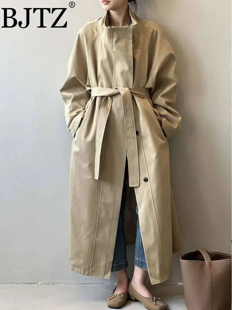 

BJTZ Standing Collar Long Windbreaker Jacket For Women 2024 Autumn Simple Single Breasted Loose Office Lady Temperament Coat