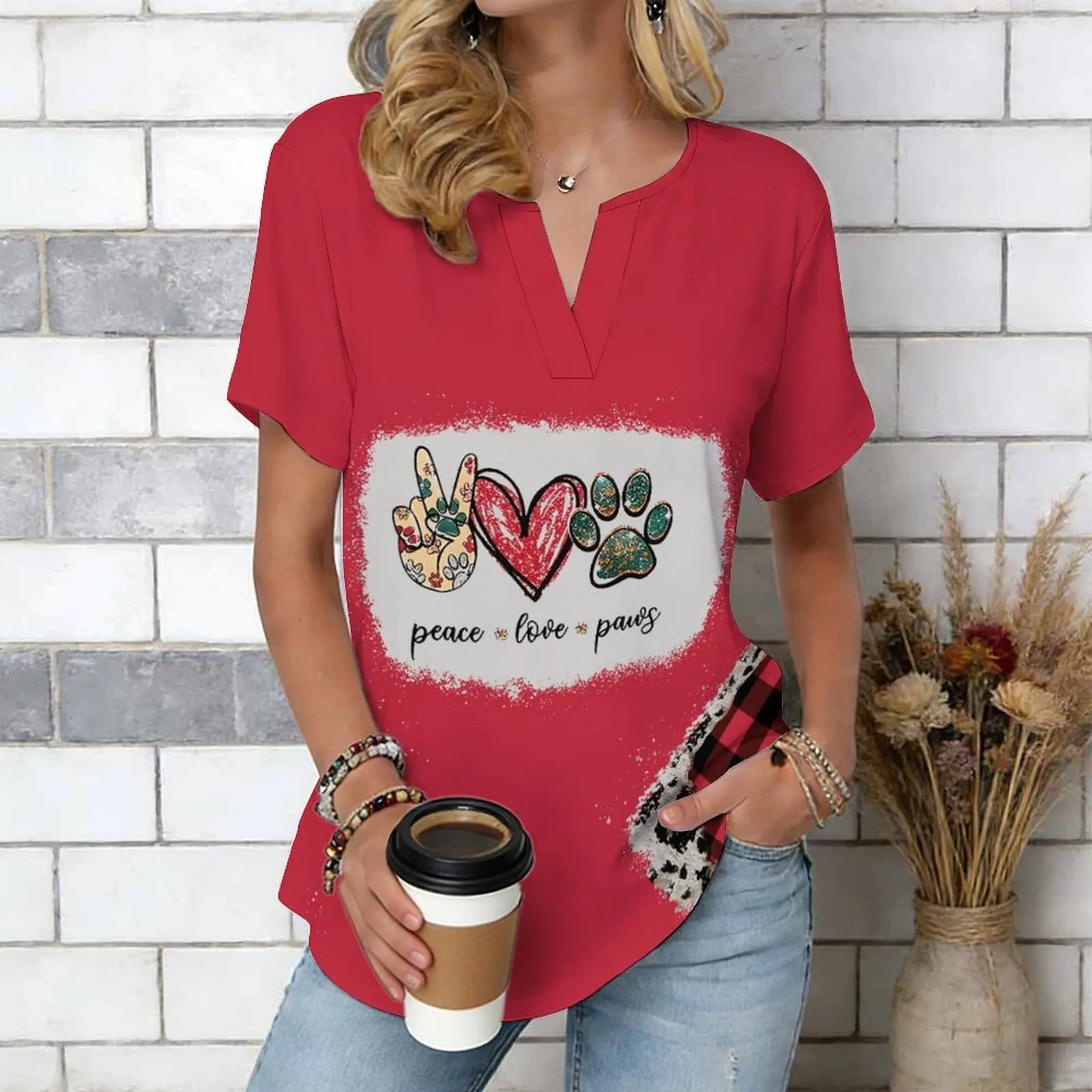 Women Print Notched V Neck Short Sleeve Casual Loose Tunic Tops