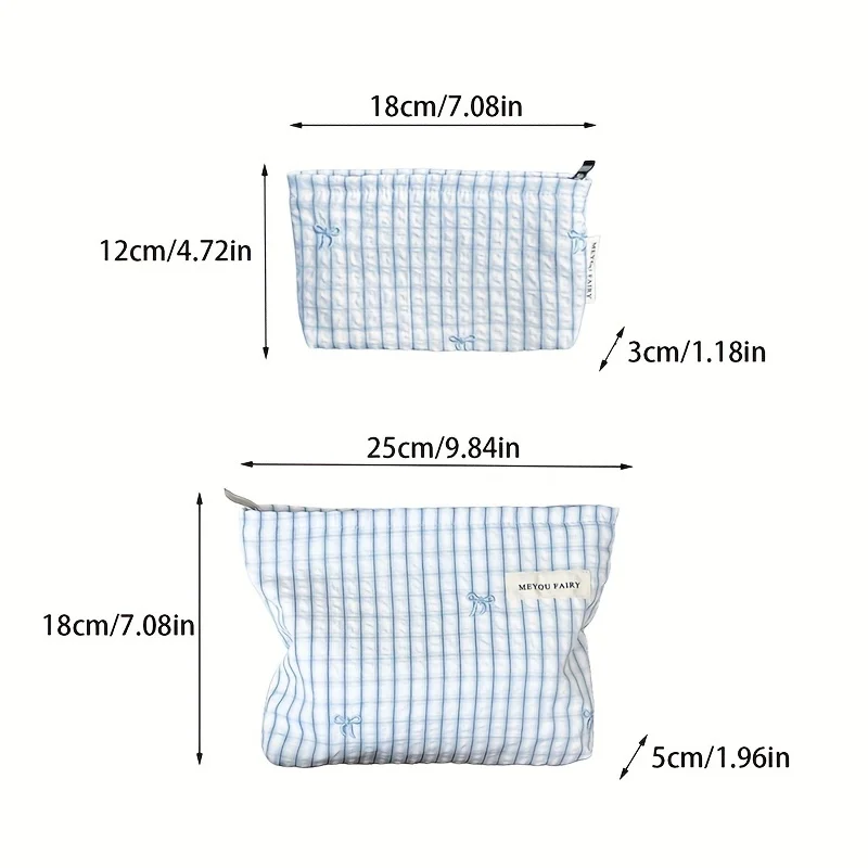 حقيبة مستحضرات التجميل المخططة باللون الأزرق الفاتح، منظم مكياج للسفر للنساء مع سحاب، حقيبة أدوات الزينة متعددة الاستخدام