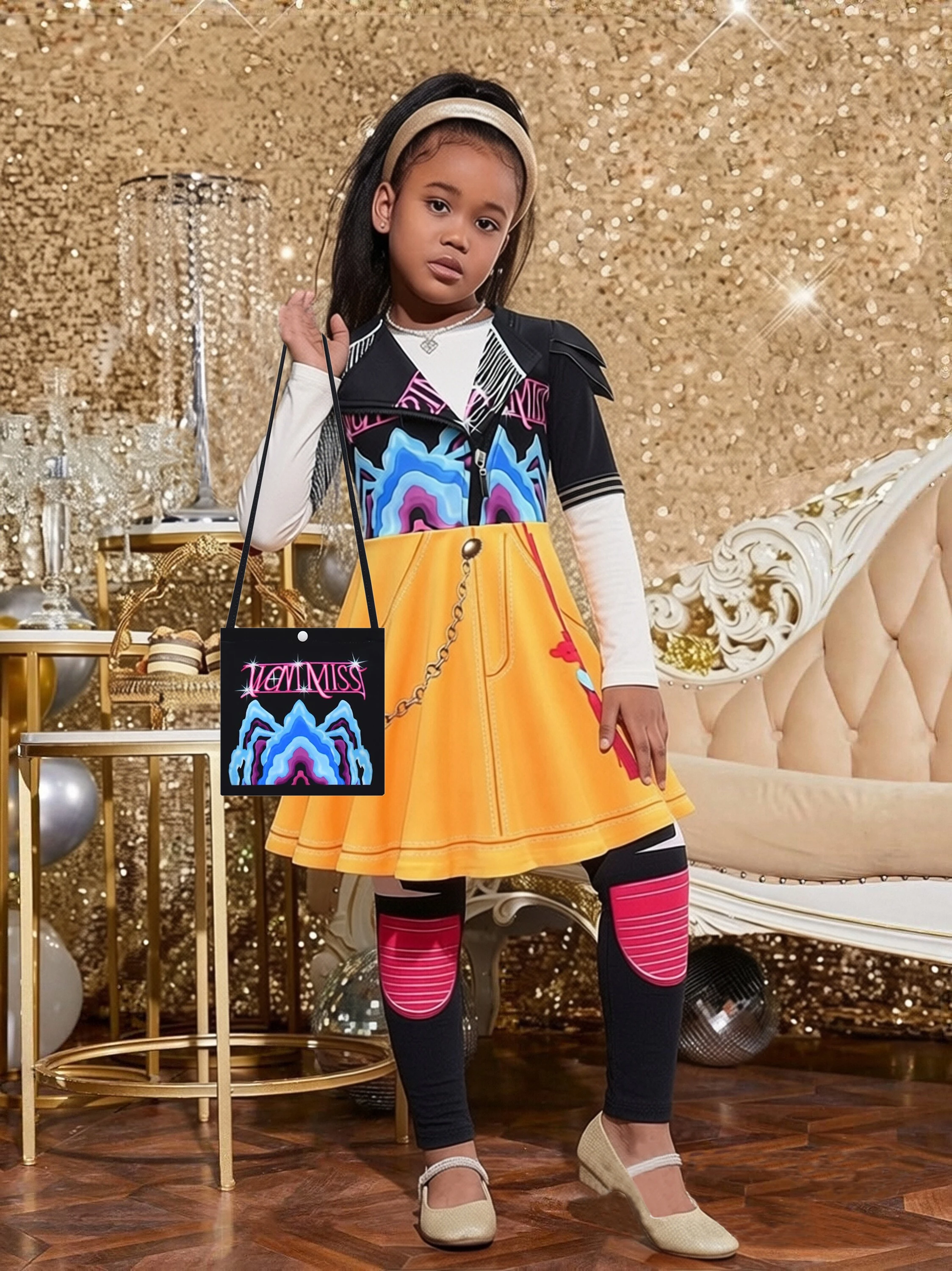 Kids Girls Color Block Movie Role Play Costume 3 Piece Long Sleeve Top Skirt & Pants Fancy Dress Up Outfit For Birthday Carnival