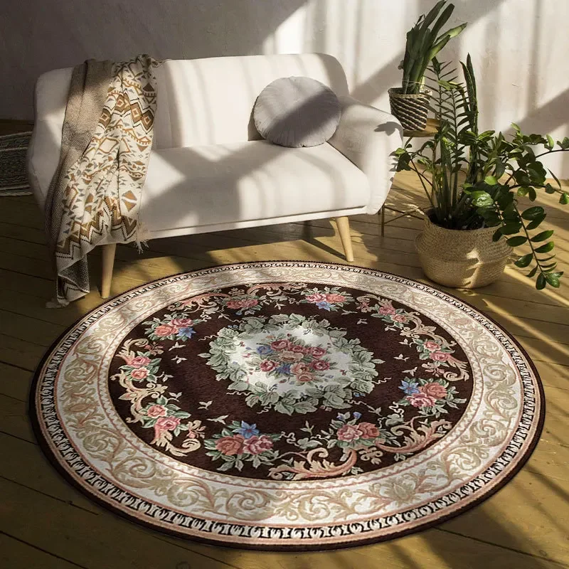 Bohemian Round Rugs Floral Medallion Design Blue Red Gold Colors Non Slip Carpets for Living Room Decor