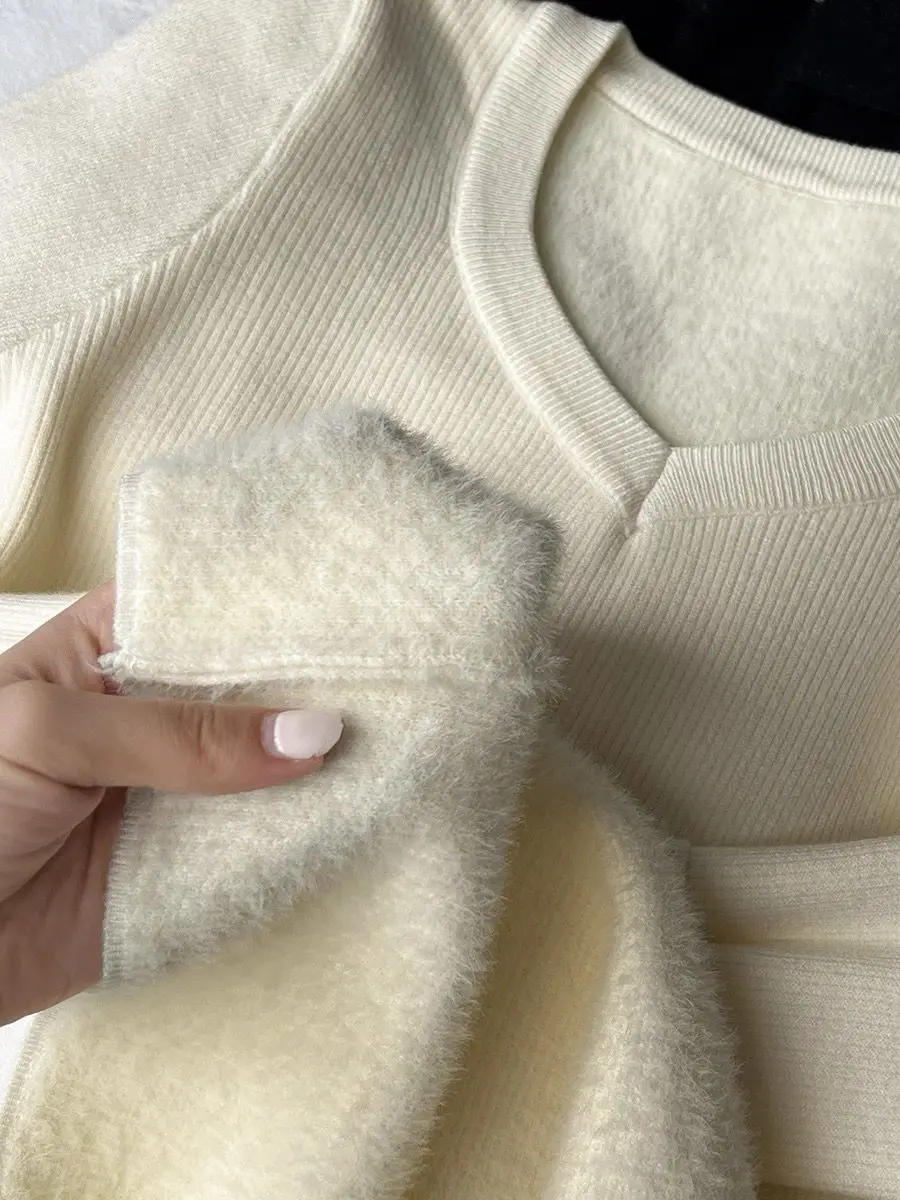 Maglione lavorato a maglia con scollo a V da donna 2025 - Pullover invernale foderato in pile con maniche lunghe, top termico slim fit per stratificazione, peluche caldo Tu