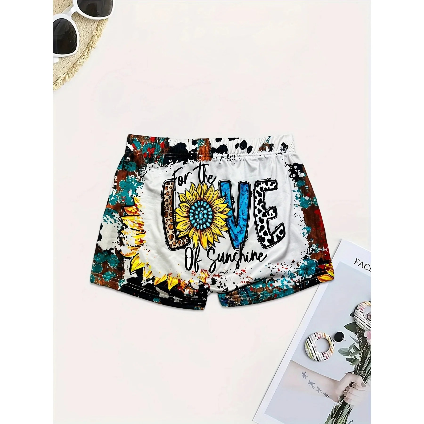 

Женские сексуальные шорты с принтом подсолнухов и ярким буквенным цветочным дизайном, облегающие, из эластичной ткани средней жесткости, можно стирать в машине