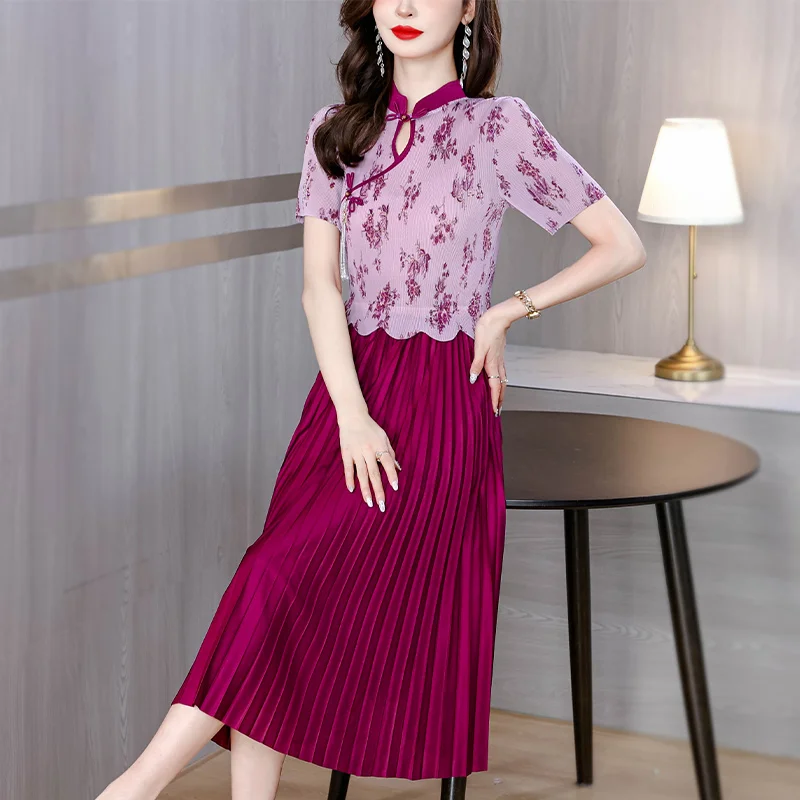 

New Summer 2024 Three Mansions Wrinkled Improvement Qipao Dress Chinese Style Covering Meat and Slimming Knee Length Dress