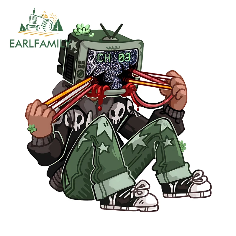 

EARLFAMILY 13cm x 12.8cm Static TV Head Car Sticker Creative Cartoon Skull Ghost Decal Vinyl JDM Caravan Fashion Car Styling