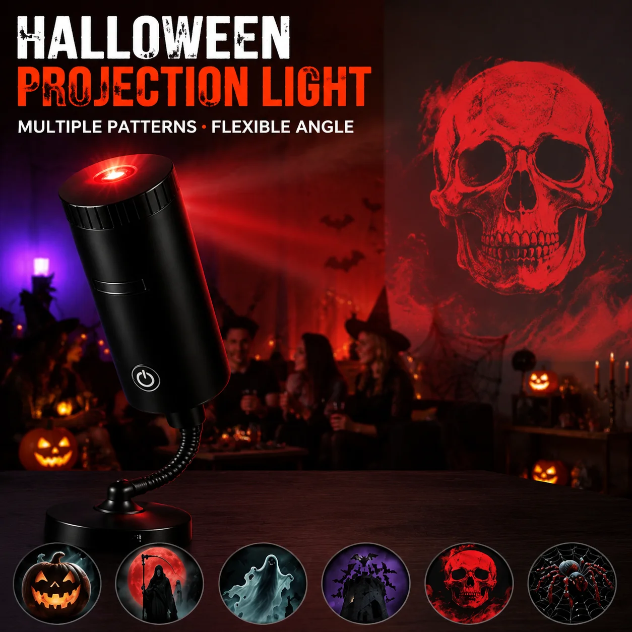 Halloween Projection Light Multi‑Pattern Projector Lamp Flexible Adjustable Angle LED Decor Light Party Spooky Atmosphere Lamp