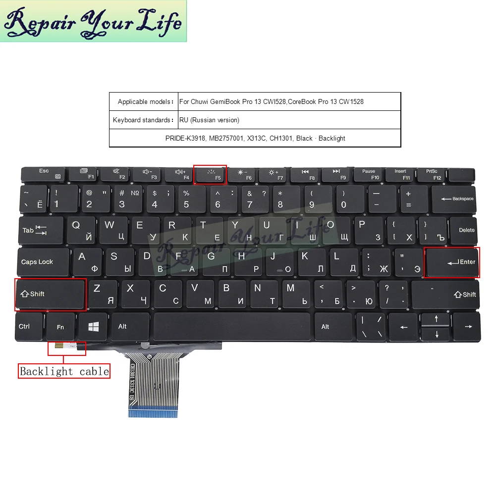 Imagem -06 - Teclado Portátil Retroiluminado para Chuwi Eua Árabe Russo Gemibook Cwi528 Cw1528 Pride-k3918 Mb2757001 X313c Ch1301 ar ru Inglês