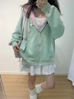 Y2k Hoodies Green Kawaii Cat Floral Print Hooded Zip-up Woman Sweatshirts Pink Thin Jacket Spring Fall Clothes Cute Streetwear - Image 5