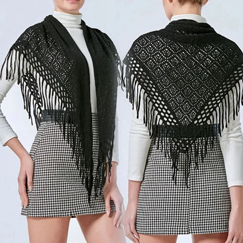 Fashion Solid Color Air Conditioning Warm Knitted Shawl Women Winter Fringed Flower Hollow Triangle Scarf